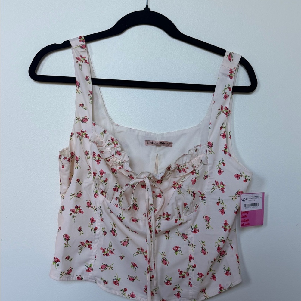 PrettyLittleThing Cream Ruffle Milkmaid Crop Top with Pink Rose Print